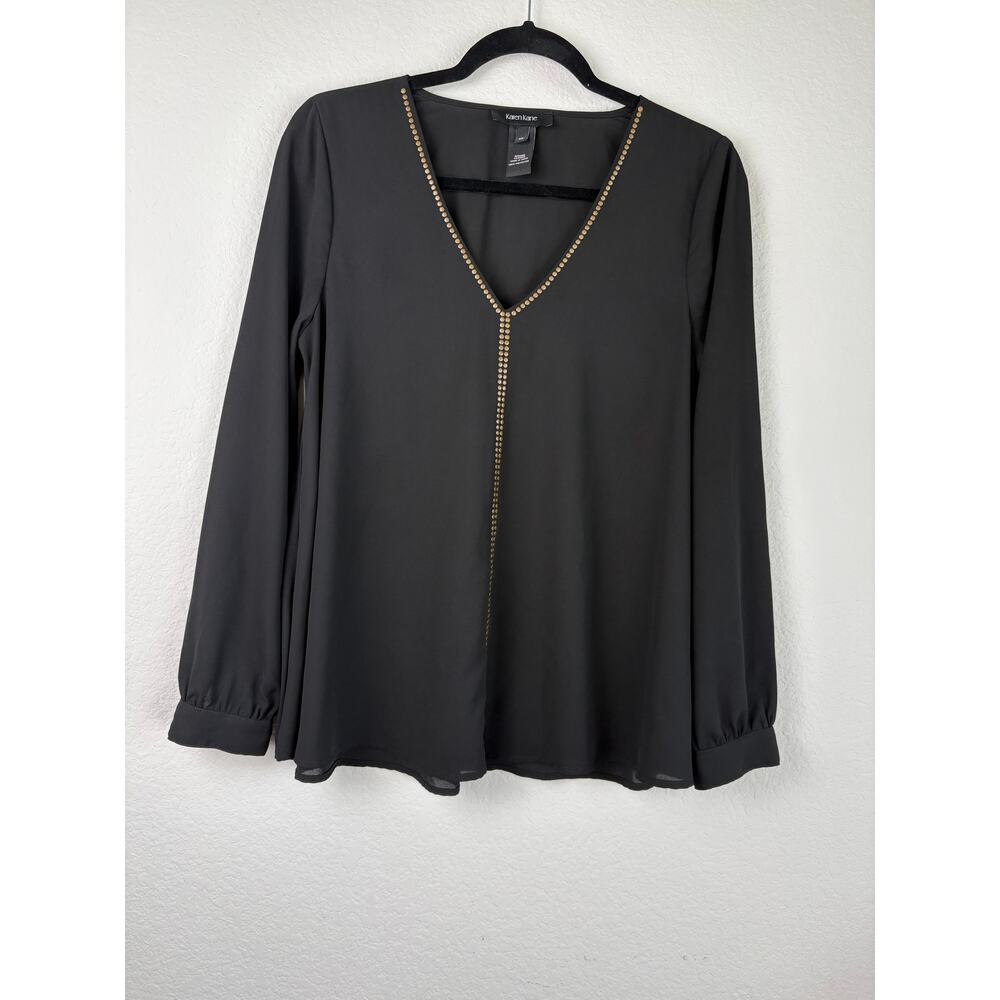 Karen Kane XS Womens Black Studded Long Sleeve Sheer Blouse Lightweight Casual